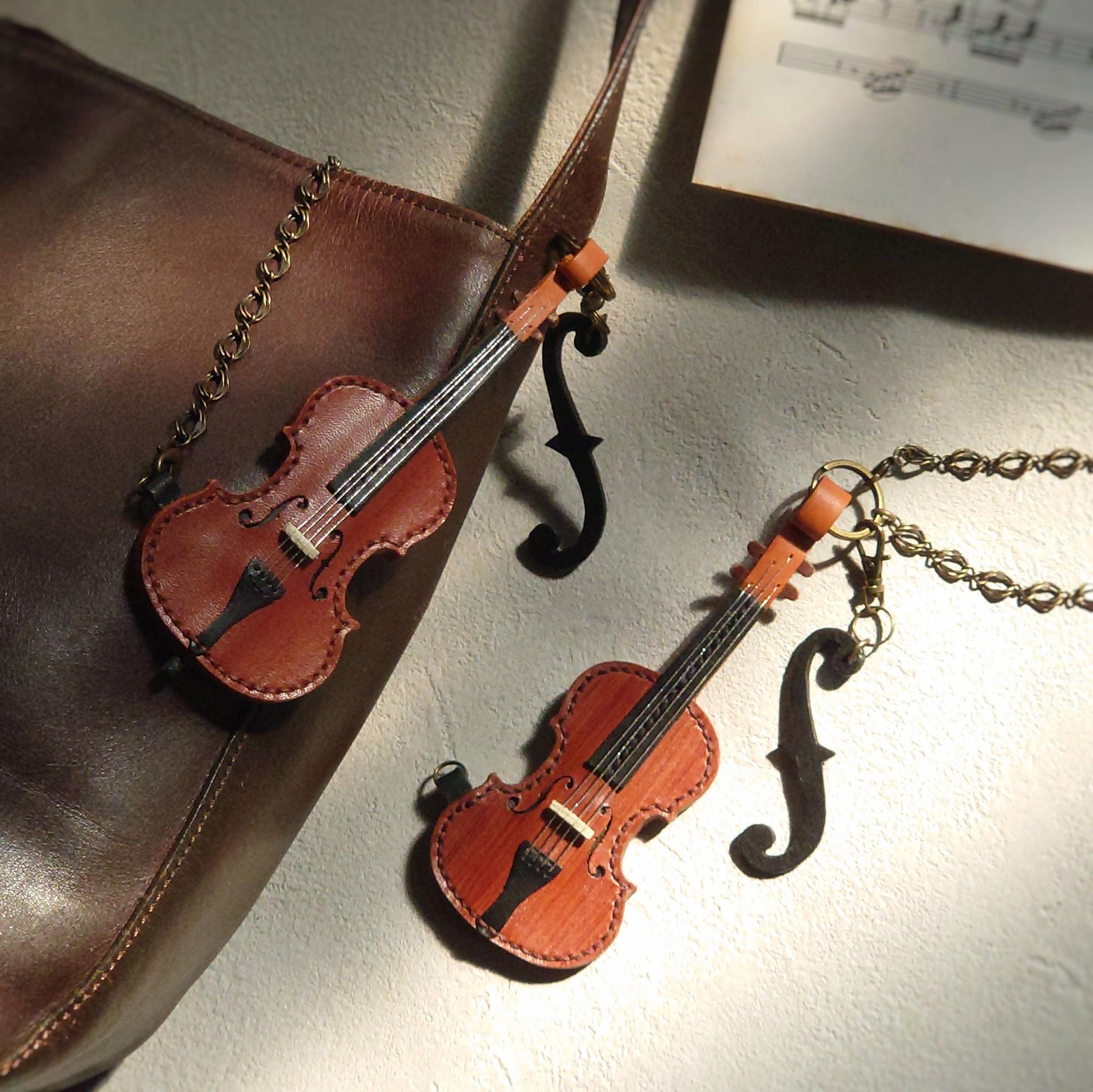 【本格再現】柿渋染めバイオリン＆チェロのバッグチャーム 優しい手縫い仕立て【ｆ字孔チャーム付き】※袋ラッピング無料 | 5枚目