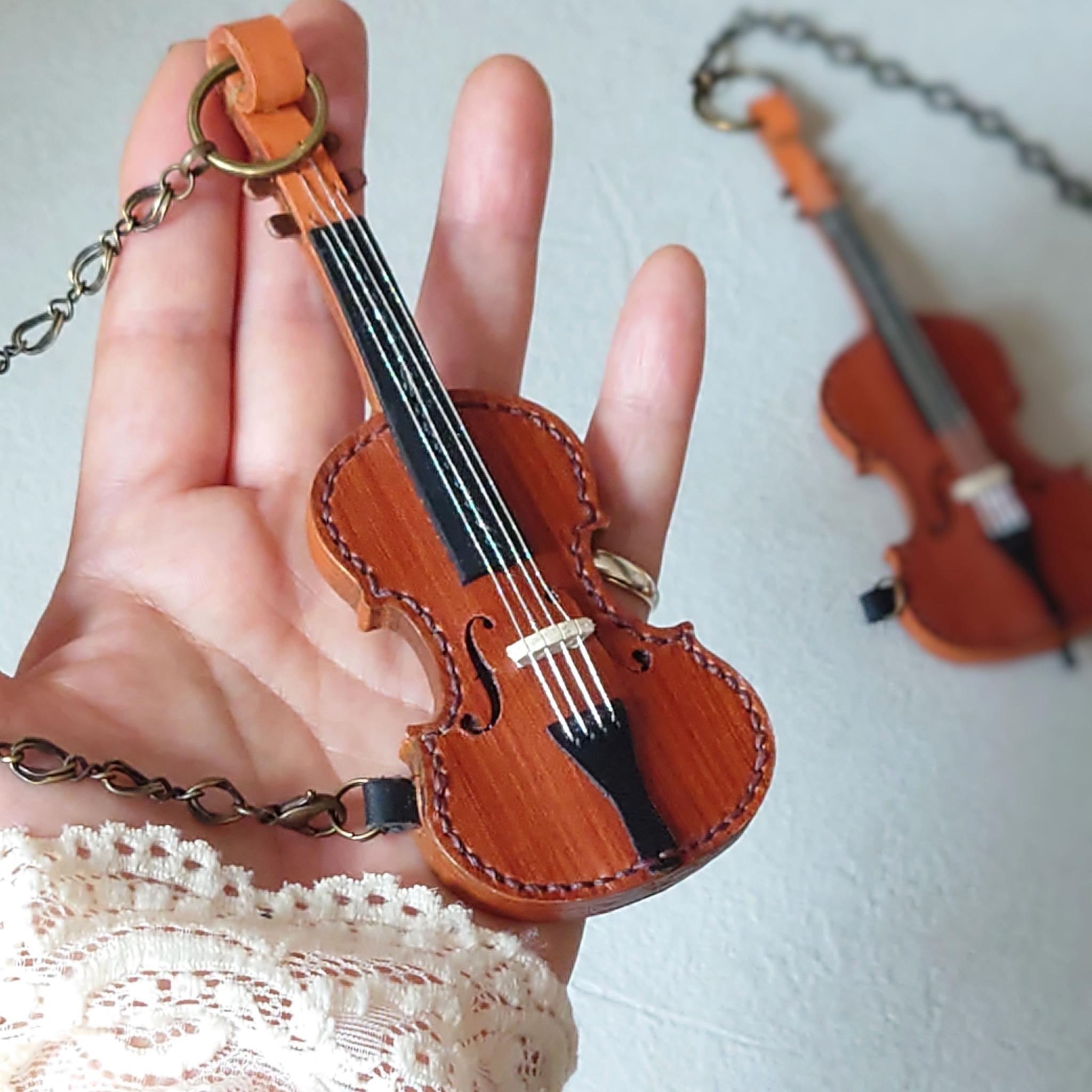 【本格再現】柿渋染めバイオリン＆チェロのバッグチャーム 優しい手縫い仕立て【ｆ字孔チャーム付き】※袋ラッピング無料 | 6枚目